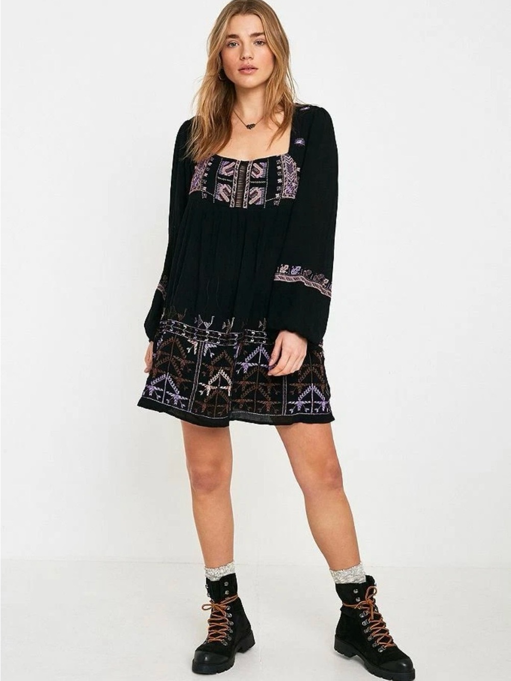 Free People Rhiannon Black Embroidered Babydoll Dress Sz XS Boho Floral Cottage